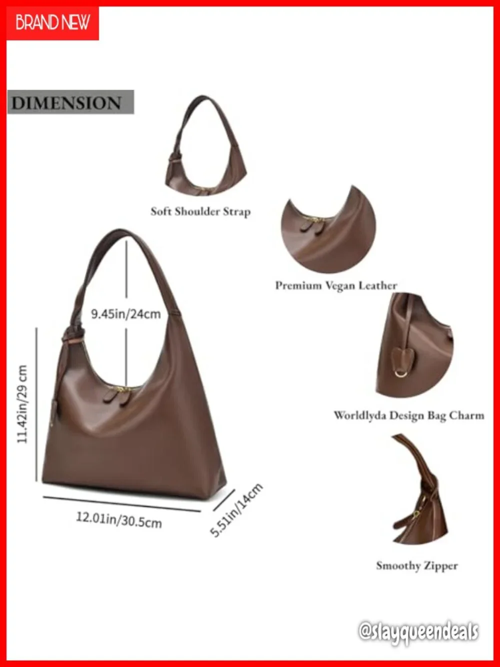 Vegan Leather Slouchy Hobo Shoulder Bag Crescent Tote Lightweight